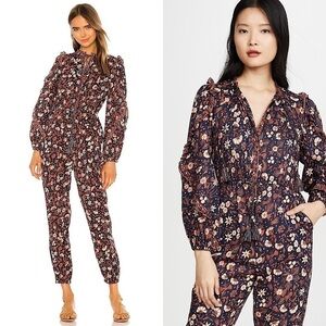 ULLA JOHNSON Ruffle Floral Puff Long‎ Sleeve Tie Neck Cinched Prairie Jumpsuit 8